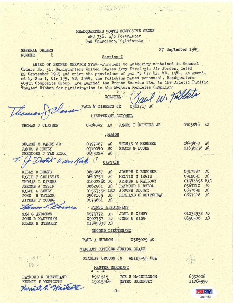 509th COMP GROUP MULTI SIGNED BRONZE STAR DOCUMENT PSA DNA AD07656 (D) X5