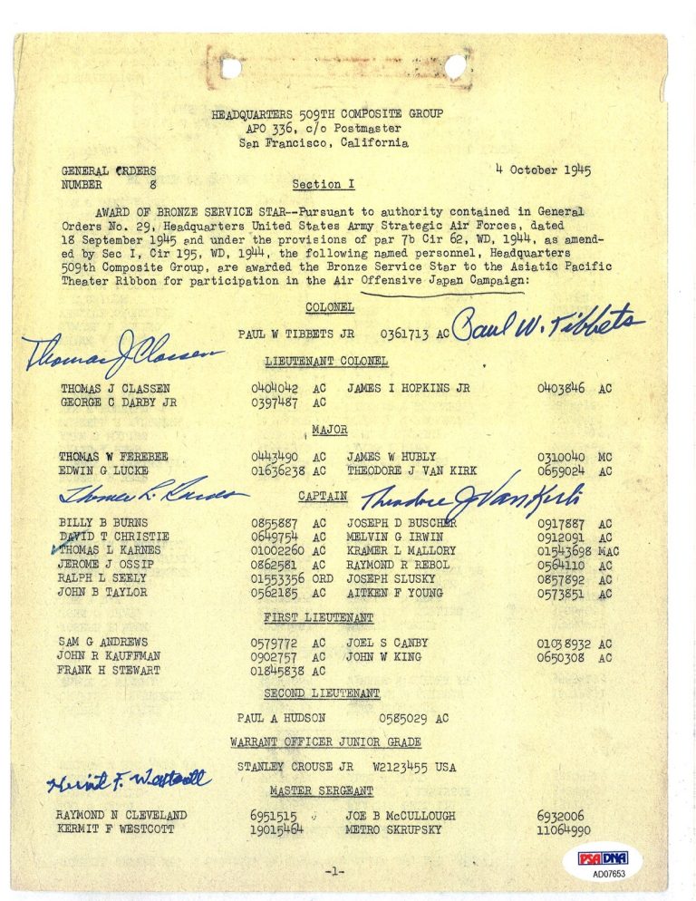 509th COMP GROUP MULTI SIGNED BRONZE STAR DOCUMENT PSA DNA AD07653 (D) X5