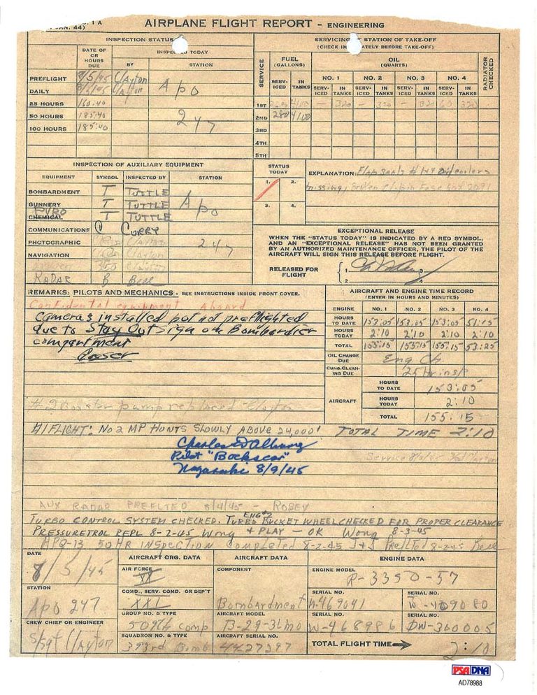 CD ALBURY SIGNED FLIGHT RECORD DOCUMENT PSA DNA AD78988 BOCKSCAR NAGASAKI 8/9/45