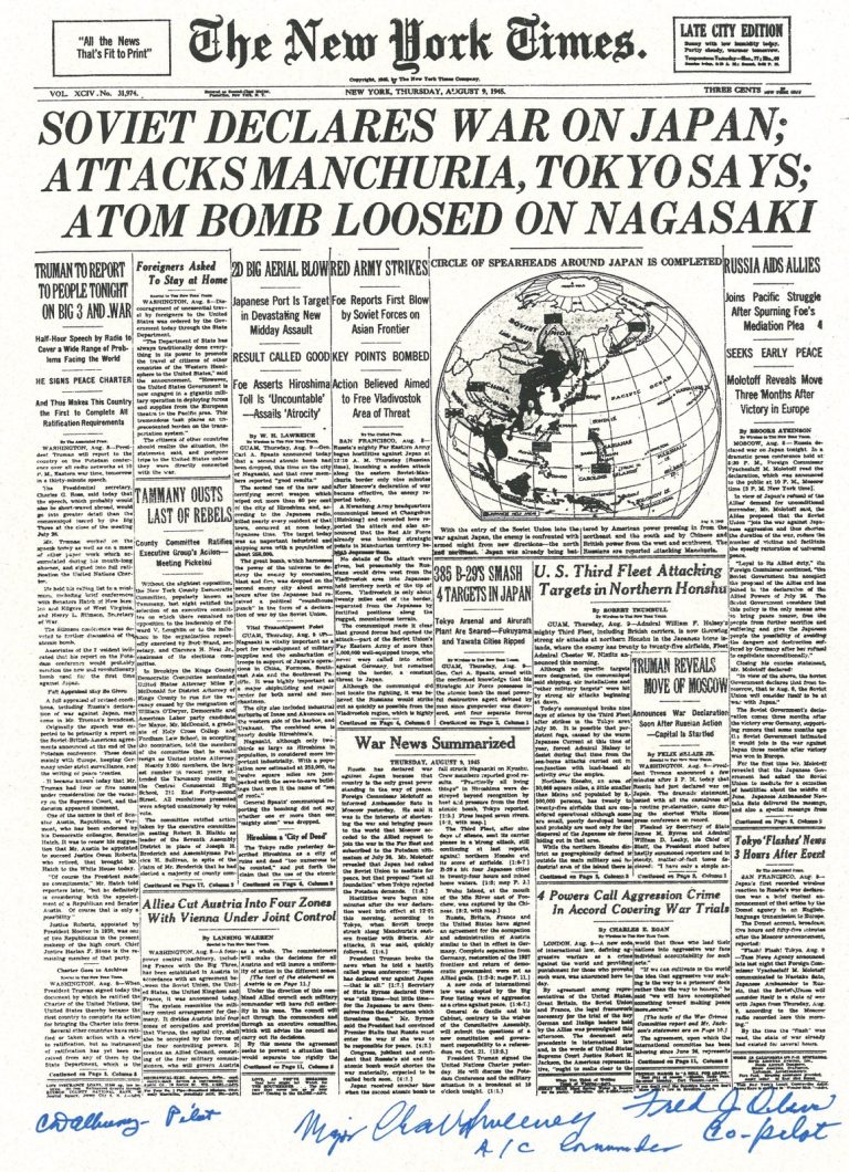 BOCKCAR C-15 CREW SIGNED NEW YORK TIMES FRONT PAGE PSA DNA AB13912 (D) WWII X3