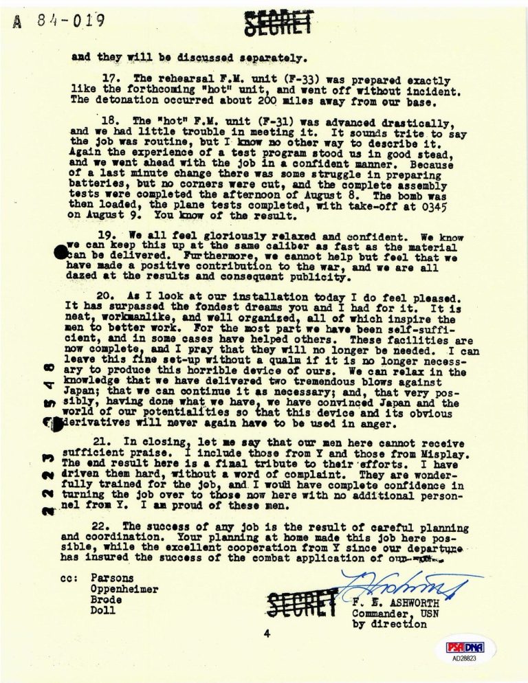 FREDERICK ASHWORTH SIGNED DOCUMENT PSA DNA AD28823 (D) WWII PROJECT ALBERTA