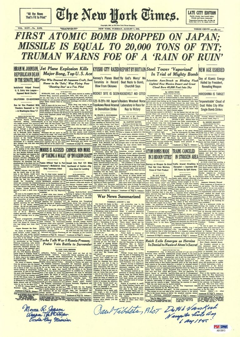 ENOLA GAY CREW SIGNED NEW YORK TIMES FRONT PAGE PRINT PSA DNA AB13913 (D) X3