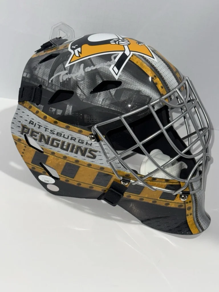 TOM BARRASSO MARC-ANDRE FLEURY SIGNED PITTSBURGH PENGUINS FS GOALIE MASK JSA COA