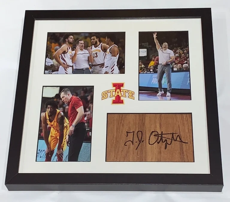 T.J. OTZELBERGER SIGNED FRAMED FLOORBOARD COLLAGE IOWA ST. CYCLONES JSA COA