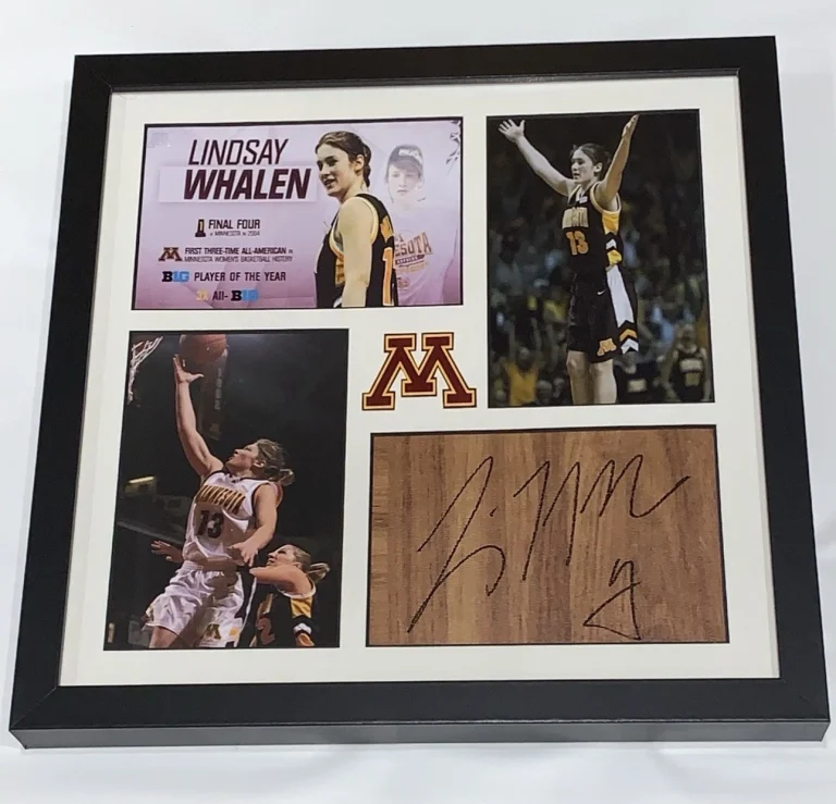 LINDSAY WHALEN SIGNED FRAMED FLOORBOARD COLLAGE MINNESOTA GOLDEN GOPHERS JSA COA