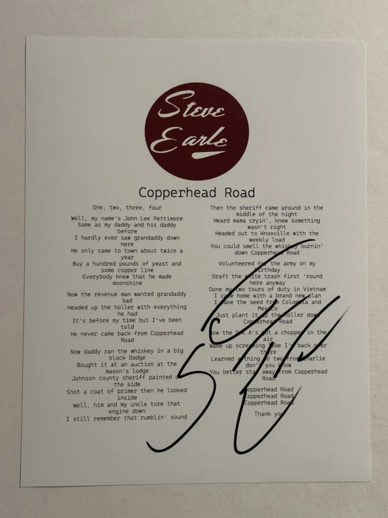 STEVE EARLE HAND SIGNED LYRIC SHEET AUTOGRAPHED COPPERHEAD ROAD SINGER COA