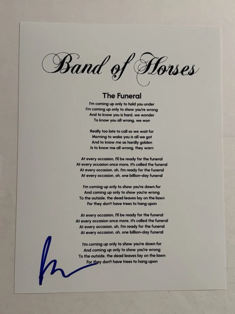 BEN BRIDWELL SIGNED LYRIC SHEET AUTOGRAPHED BAND OF HORSES BAND LEAD SINGER COA