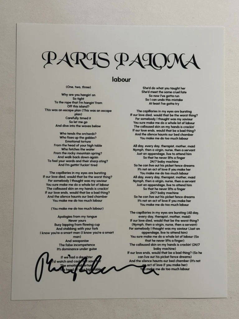 PARIS PALOMA SIGNED LYRIC SHEET SIGNED INDIE POP SINGER AUTOGRAPHED COA