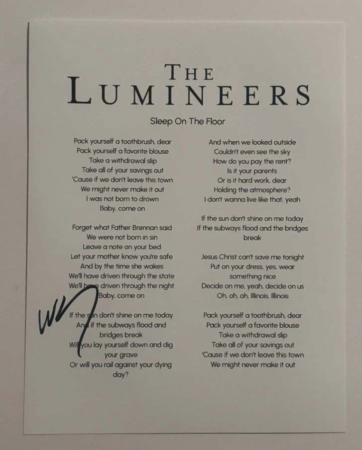 WESLEY SCHULTZ SIGNED LYRIC SHEET AUTOGRAPHED THE LUMINEERS BAND LEAD SINGER COA