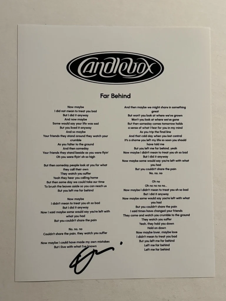 KEVIN MARTIN SIGNED LYRIC SHEET AUTOGRAPHED CANDLEBOX BAND LEAD SINGER COA