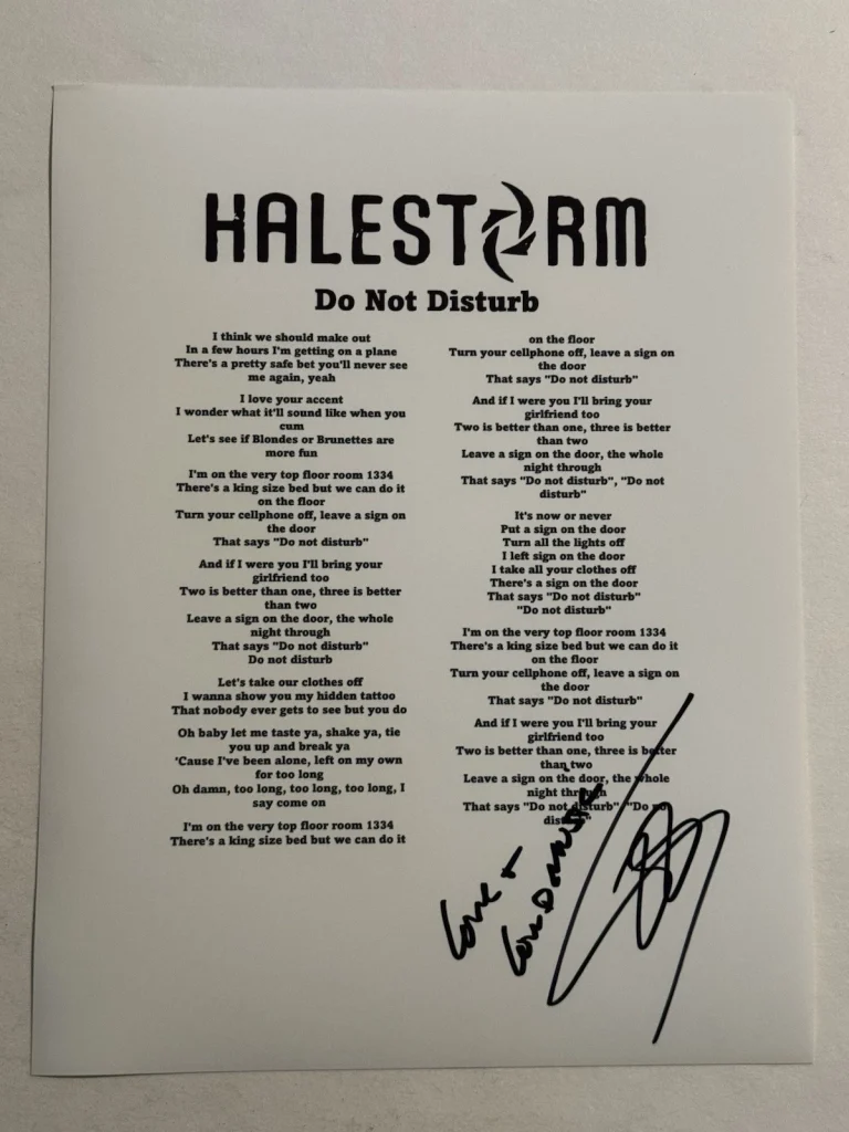 LZZY HALE SIGNED LYRIC SHEET AUTOGRAPHED HALESTORM BAND LEAD SINGER COA