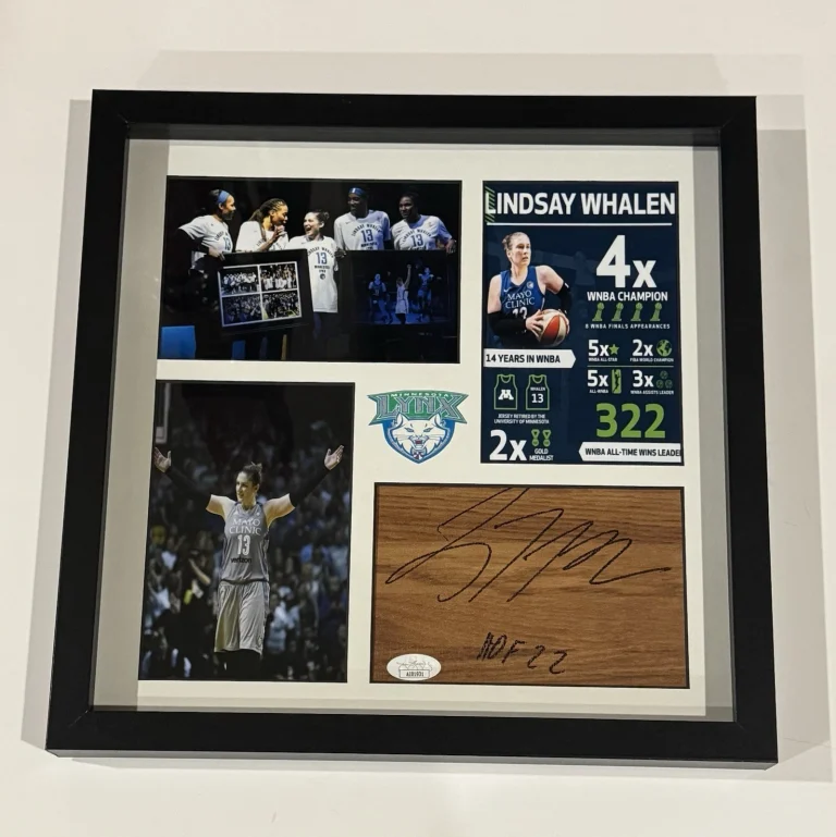 LINDSAY WHALEN SIGNED FRAMED FLOORBOARD COLLAGE MINNESOTA LYNX JSA COA
