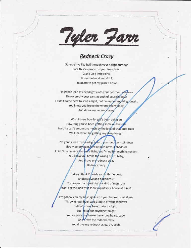 TYLER FARR SIGNED REDNECK CRAZY LYRIC SHEET