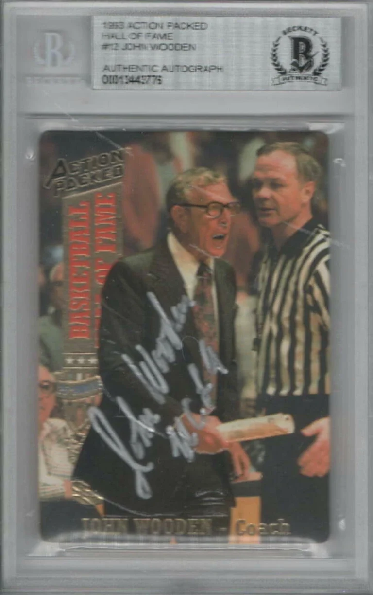 JOHN WOODEN SIGNED AUTOGRAPH BECKETT SLABBED 1993 ACTION PACKED BASKETBALL CARD