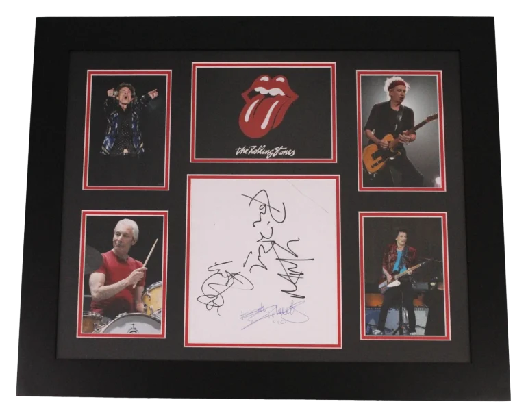 THE ROLLING STONES FULL BAND (X4) SIGNED AUTOGRAPH 16x20 FRAME MICK JAGGER JSA