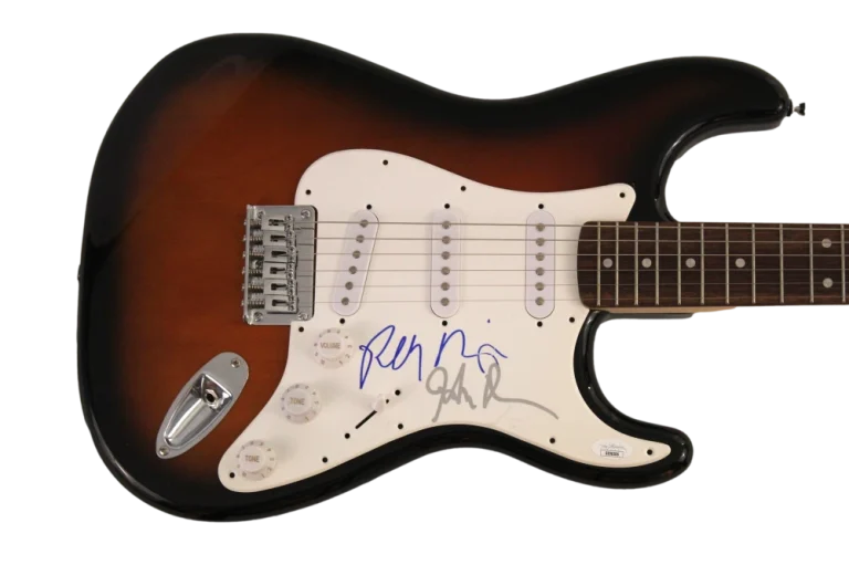 JOHN DENSMORE ROBBY KRIEGER SIGNED AUTOGRAPH FS FENDER ELECTRIC GUITAR DOORS JSA