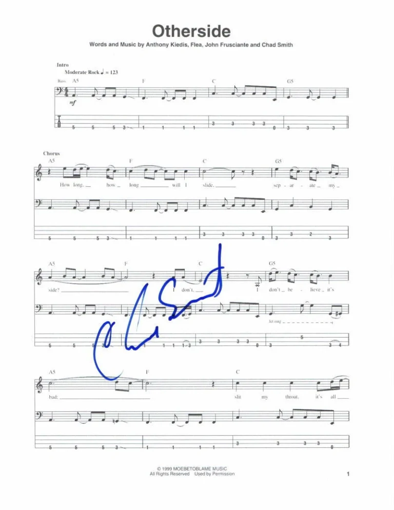 CHAD SMITH SIGNED AUTOGRAPH OTHERSIDE SHEET MUSIC RED HOT CHILI PEPPERS RHCP