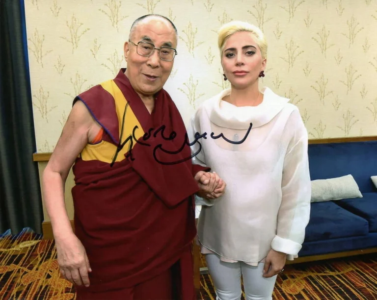 14TH DALAI LAMA SIGNED AUTOGRAPH 8X10 PHOTO TIBETAN LEADER W/ LADY GAGA JSA COA