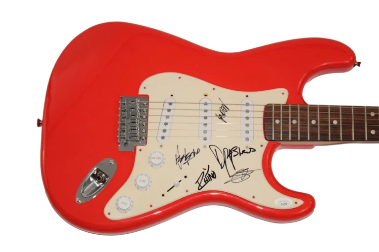 AWOLNATION FULL BAND SIGNED AUTOGRAPH FULL SIZE RED FENDER ELECTRIC GUITAR JSA