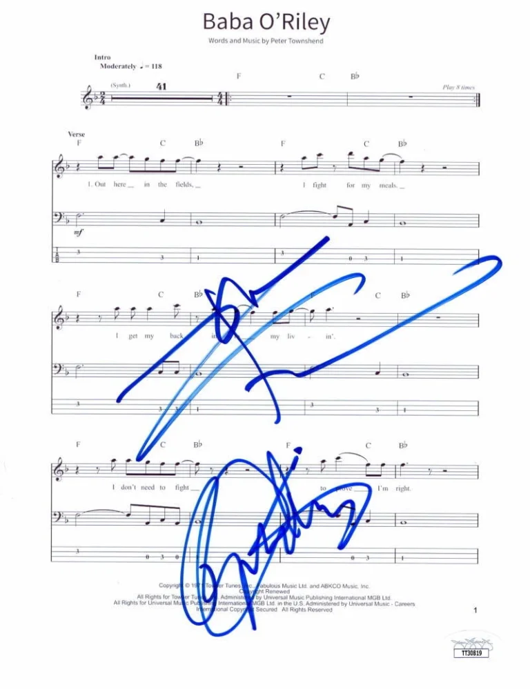 ROGER DALTREY & PETE TOWNSHEND WHO SIGNED AUTOGRAPH BABA O'RILEY SHEET MUSIC JSA