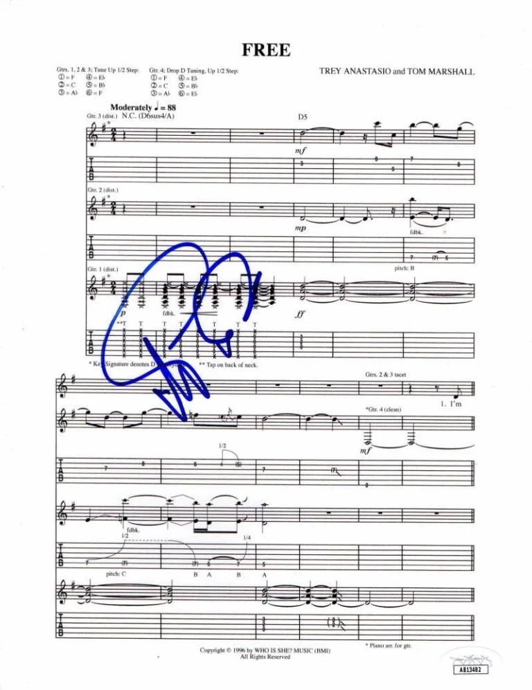 TREY ANASTASIO SIGNED AUTOGRAPH FREE SHEET MUSIC - PHISH BILLY BREATHES JSA COA