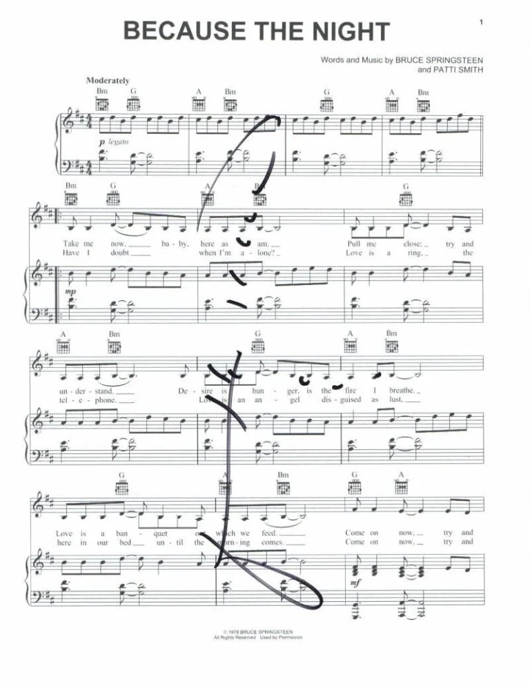 PATTI SMITH SIGNED AUTOGRAPH BECAUSE THE NIGHT SHEET MUSIC W/ BRUCE SPRINGSTEEN