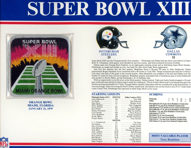 Super Bowl XIII Patch Stat Card Official Willabee & Ward 35707
