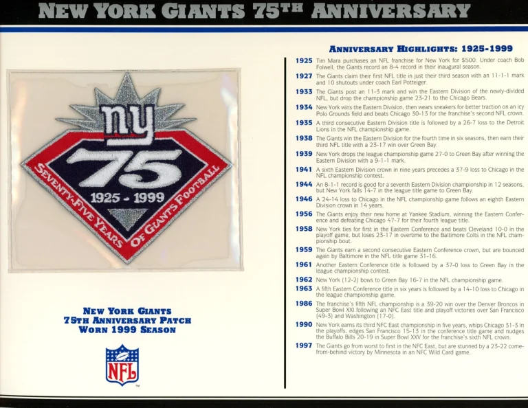 New York Giants 75th Anniversary Patch Stat Card Official Willabee & Ward 36740