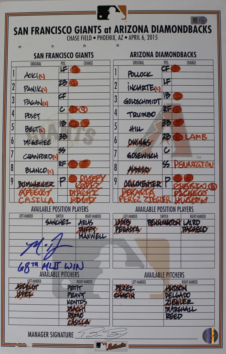 Madison Bumgarner Signed Game Used Lineup Card 4/6/15 Giants MLB 35492
