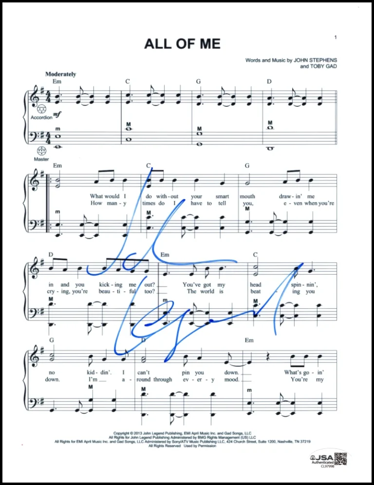 John Legend Signed Autograph All of Me Sheet Music - Get Lifted Stud w/ JSA COA