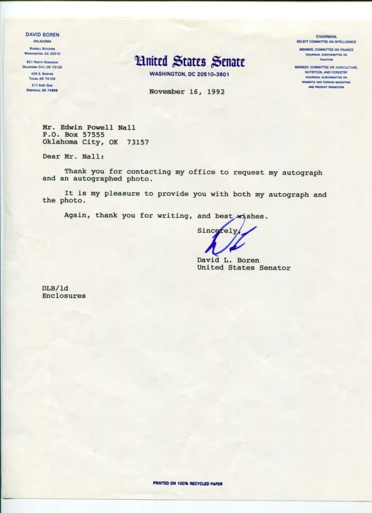 David L. Boren Governor Of Oklahoma US Senator Congress Signed Autograph Letter