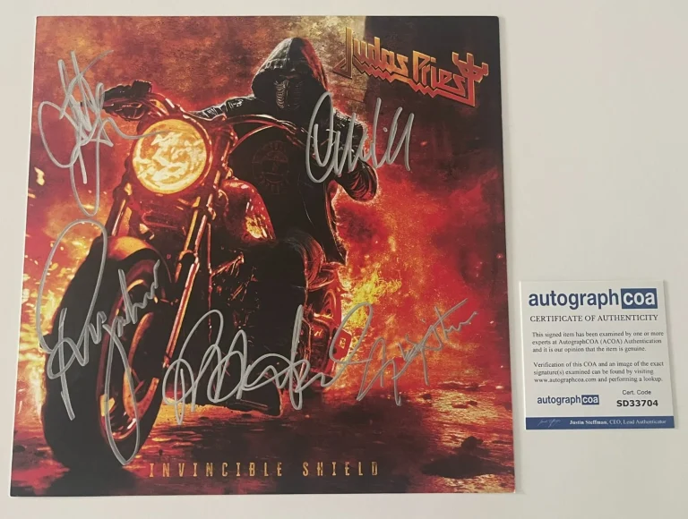 JUDAS PRIEST x5 RARE SIGNED INVINCIBLE SHIELD 10x10 ALBUM FLAT & AUTOGRAPH COA