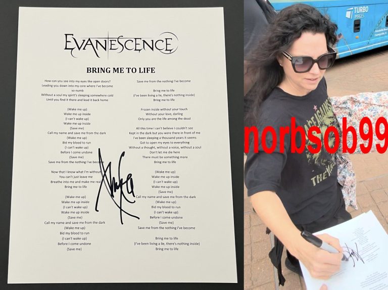AMY LEE SIGNED AUTOGRAPH EVANESCENCE BRING ME TO LIFE LYRIC SHEET w/EXACT PROOF