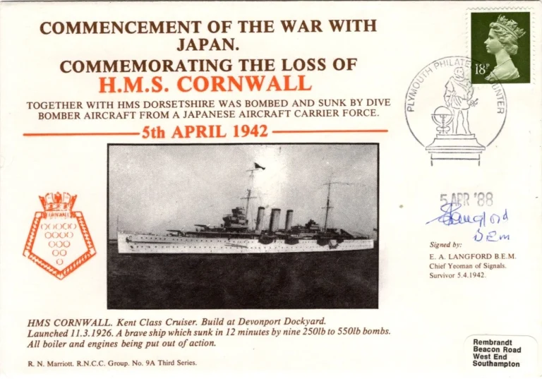 Sam E. A. Langford HMS Cornwall Sinking Survivor WWII War Signed Autograph