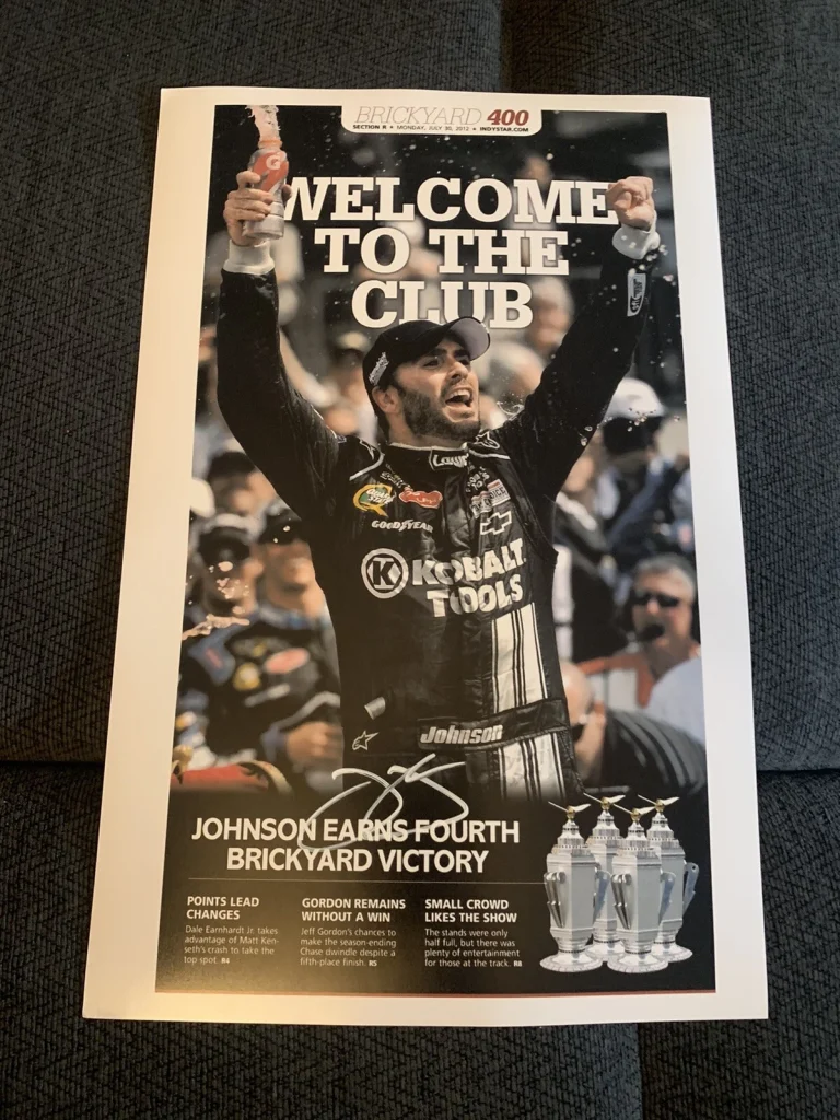 Jimmie Johnson Signed 11 X 17 Poster Brickyard 400 Newspaper Print Autographed