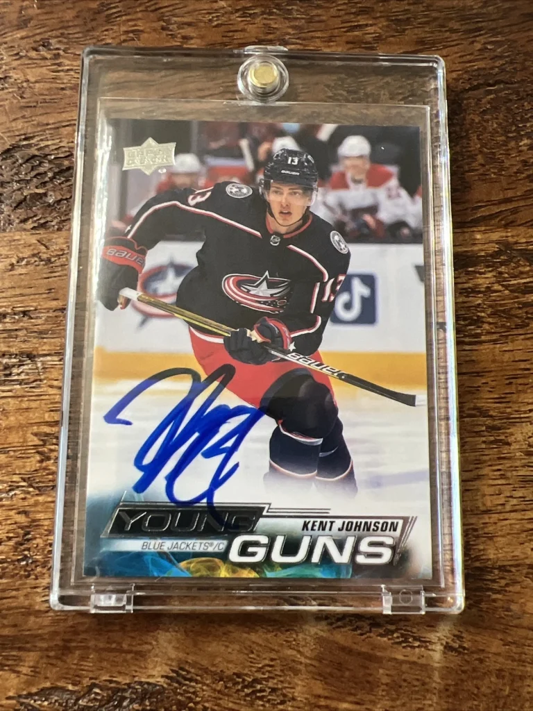 Kent Johnson IP Signed UD Young Guns Card PSA DNA Autographed Blue Jackets