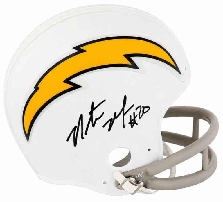 Natrone Means Signed Chargers White T/B 2-Bar Riddell VSR4 Mini Helmet -(SS COA)
