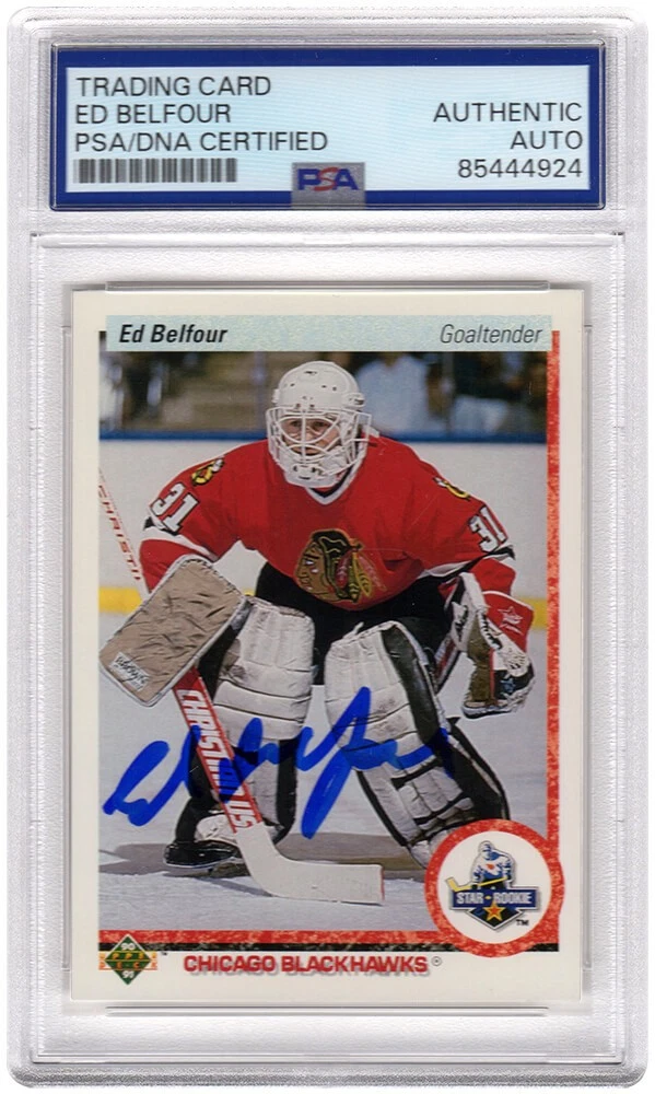 Ed Belfour Signed Blackhawks 1990-91 UD Hockey Rookie Card #55 - (PSA Slabbed)