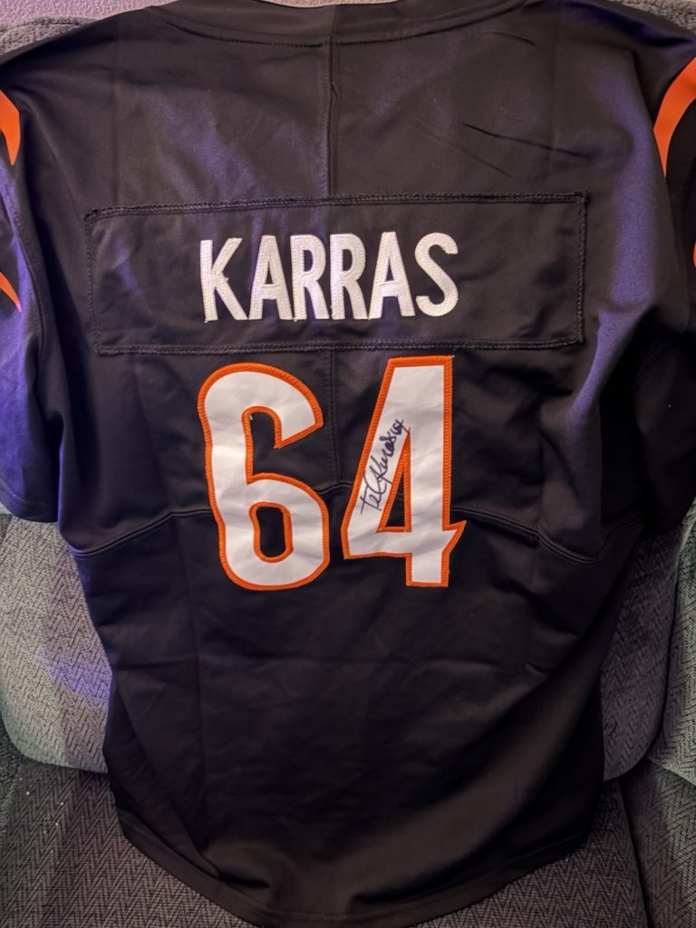 Ted Karras SIGNED Cincinnati Bengals Jersey Stitched Size Kids XL Used