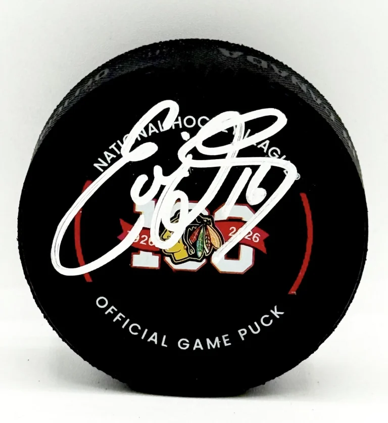 Eddie Olczyk signed Chicago Blackhawks 100th Anniversary Game Puck JSA Witnessed