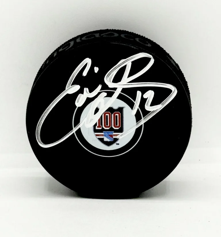 Eddie Olczyk signed New York Rangers 100th Anniversary Logo Puck JSA Witnessed