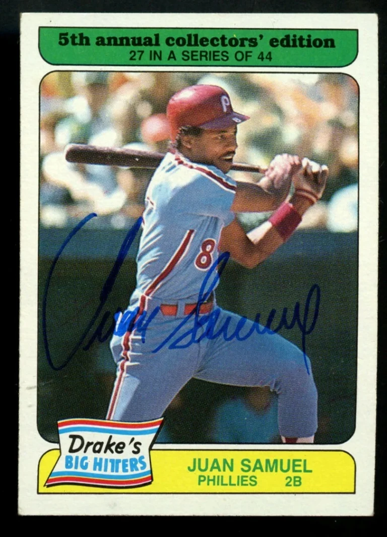 Juan Samuel #27 signed autograph auto 1985 Topps Drake's BIG HITTERS Card ~