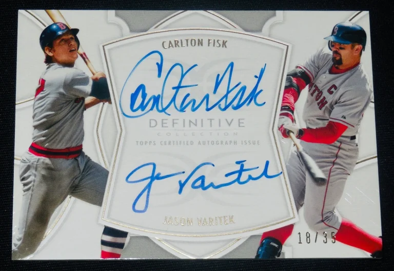 CARLTON FISK & JASON VARITEK AUTOGRAPHED BASEBALL CARD (RED SOX) #18 of 35!
