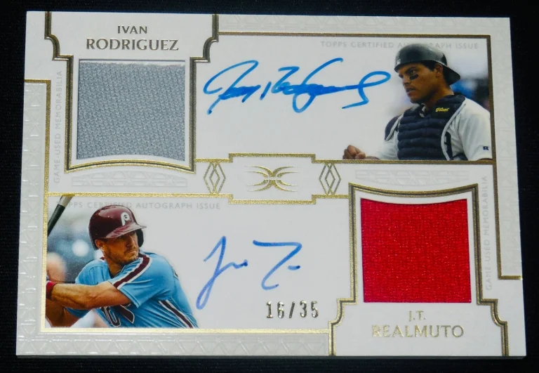 IVAN RODRIGUEZ & J.T. REALMUTO AUTOGRAPHED DUAL RELIC BASEBALL CARD #16 of 35!