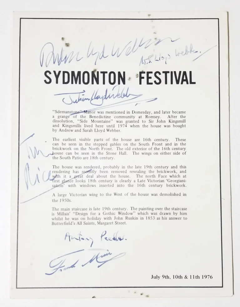 Andrew Lloyd Webber + Family + Tim Rice SIGNED 1976 Festival Program JSA LOA