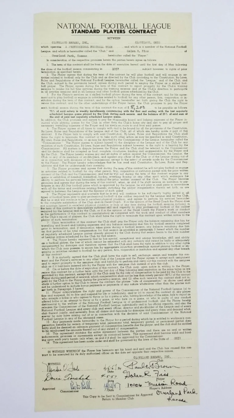 Official NFL SIGNED Orig Contract JSA LOA Paul Brown Bert Bell Galen Fiss Browns