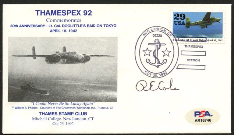 Richard E. Cole signed autograph Postal Cover Doolittle Raider WWII PSA Sticker