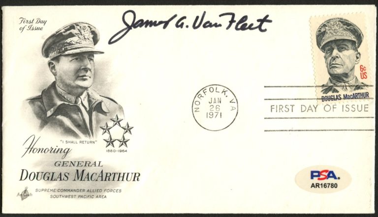 James Alward Van Fleet signed autograph FDC US Army Officer WWII PSA Stickered