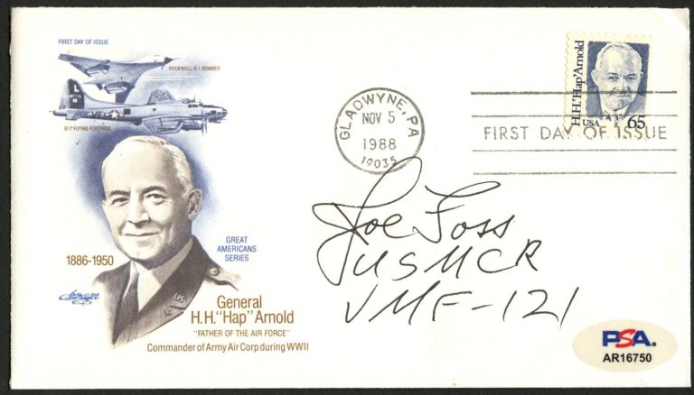 Joe Foss d2003 signed autograph FDC Marine MOH ACE WWII PSA Stickered