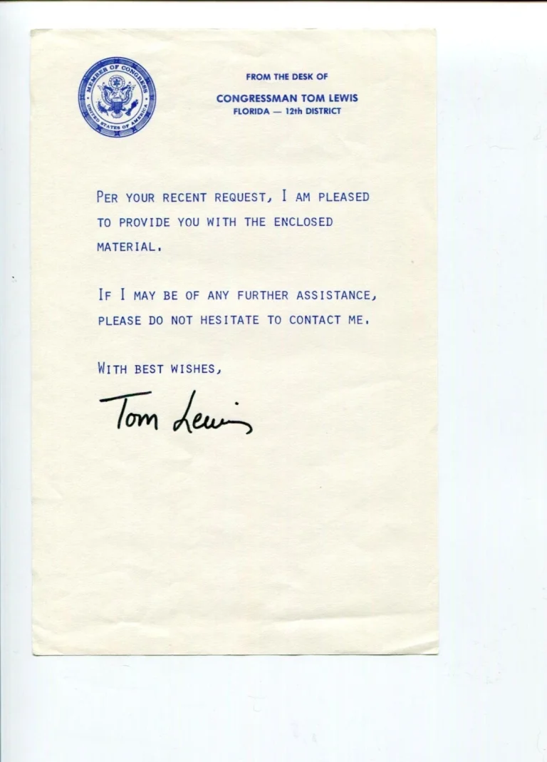 Tom Lewis FL Florida US Representative Congress Signed Autograph Letter TSL